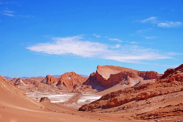 Pouštní krajina v měsíčním údolí nedaleko San Pedro de Atacama, v severní části Chile, proti modré obloze pokryté mraky. — Stock fotografie