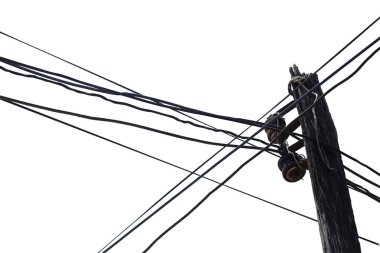 Eski Ahşap Elektrik Direği Beyaz Arka Plan Üzerine İzole. kırpma pa