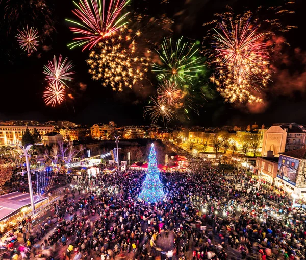 Burgas Bulgaria December 2018 Christmas Tree Lighting Ceremony Fireworks Stock Photo