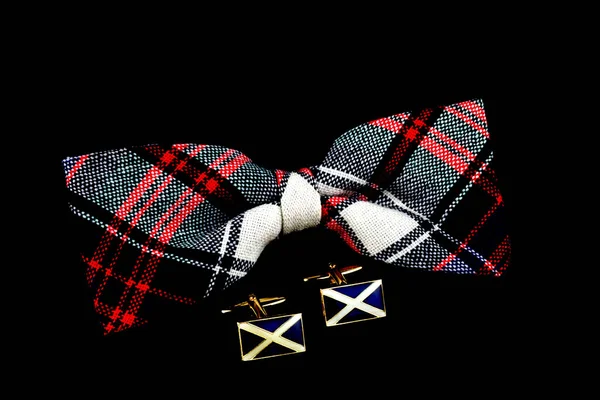 Plaid Bow Tie Scottish Saltire Cuff Links Isolated Black Background — Stock Photo, Image