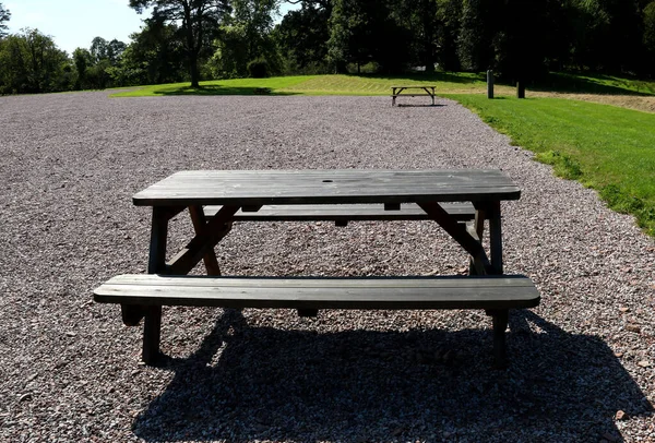 Bir kır parkında bulunan ahşap piknik bankı.