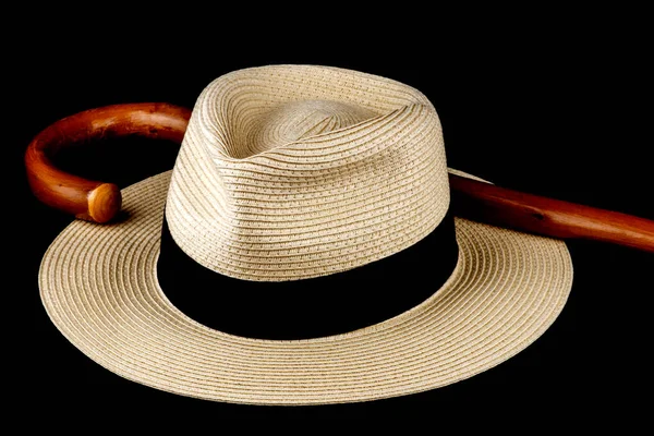 Sombrero Panamá Bastón Aislado Sobre Fondo Negro — Foto de Stock