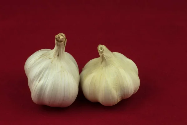 Garlic Bulbs Isolated Red Background — Stock Photo, Image