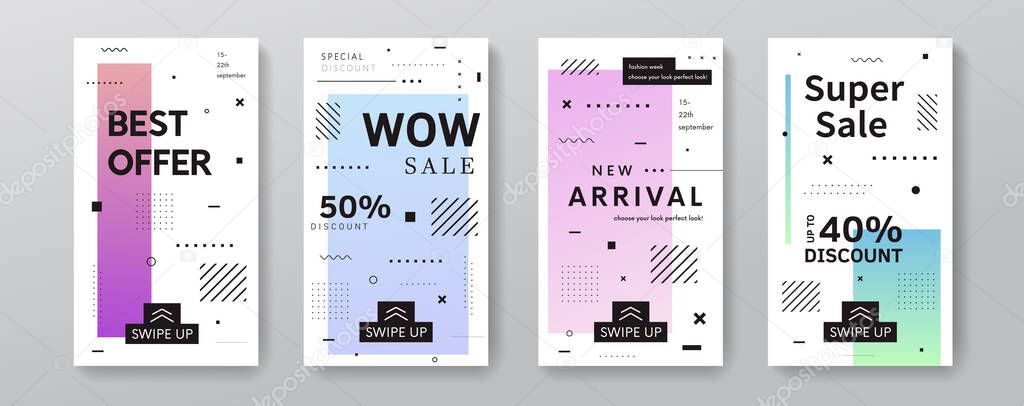 Trendy sale stories for social networks templates. Geometric promo banners for phone app. Modern offer posters set.