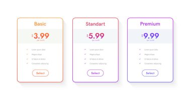 Ev sahipliği planları yakutları. Fiyat listesi web kutuları. Web sitesi için 3 tarrifs ui tablosu.