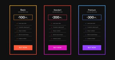 İnternet sitesi için tarifeler. Fiyat tablosu ui web pankartı. Fiyat listesi sütunları vektör tasarımı.