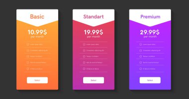 Ev sahipliği planları yakutları. Fiyat listesi web kutuları. Web sitesi için 3 tarrifs ui tablosu.
