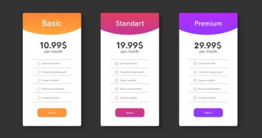 Ev sahipliği planları yakutları. Fiyat listesi web kutuları. Web sitesi için 3 tarrifs ui tablosu.