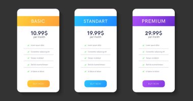 Uygulama ve web sitesi için fiyat planlarının toplanması. Tarifeli masalar. Ui kolonlar, ağ elementleri.