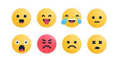 Bir dizi emoji karakter vektör tasarımı. Duygu simgeleri ayarlandı. Yorum tepkileri. Güzel çizgi film yüzleri..