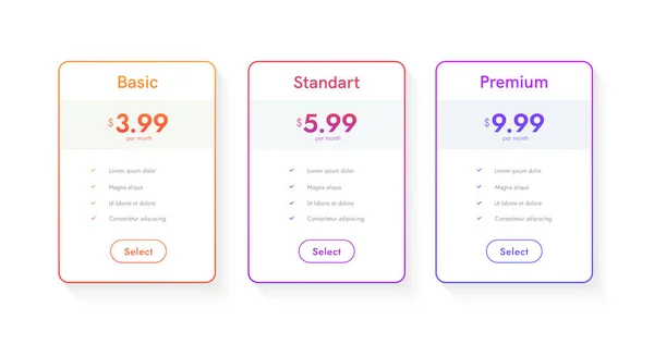 Columnas Planes Hospedaje Lista Precios Cajas Web Tarrifs Mesas Para — Archivo Imágenes Vectoriales