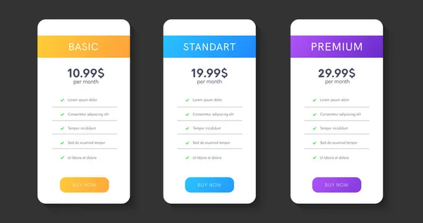 Zbiór Planów Cenowych Dla Aplikacji Strony Internetowej Stoły Taryfami Kolumny — Wektor stockowy
