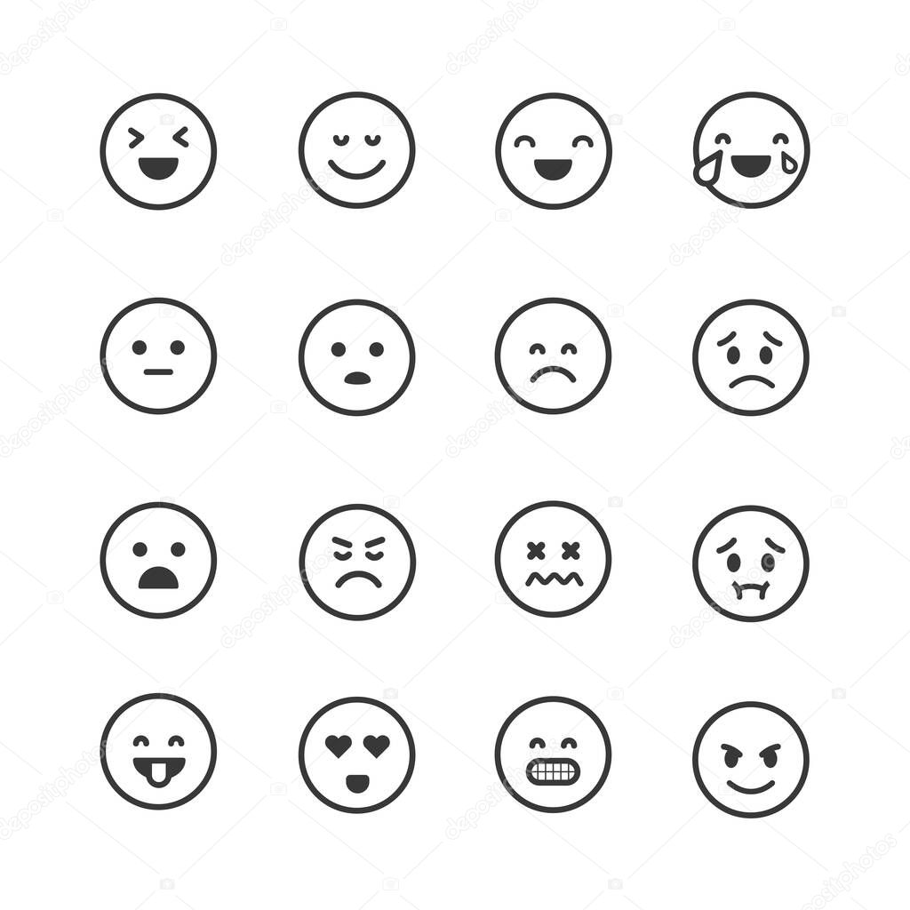 Set of linear emoji vector icons. Flat emotion signs. Comment reactions. Simple cartoon face emotion collection. 