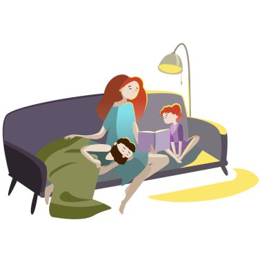 Aile birlikte kitap okur - yatmadan önce kız ve baba için bir akşam masalı.