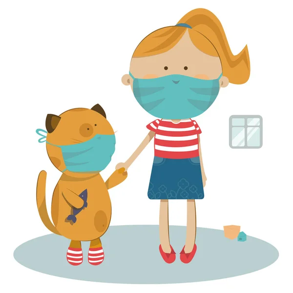 Quarantined Girl Cat Medical Masks Home — Stock Photo, Image