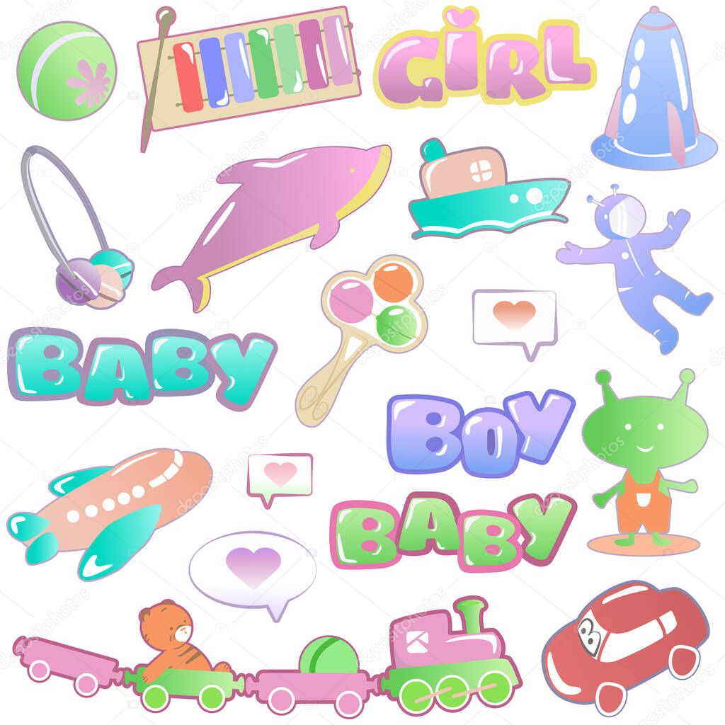Multiplicity of children's toys for girls and boys - vector childhood illustrations