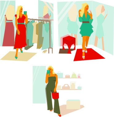 Girl makes selfie in new clothes in a fitting room - buying clothes clipart