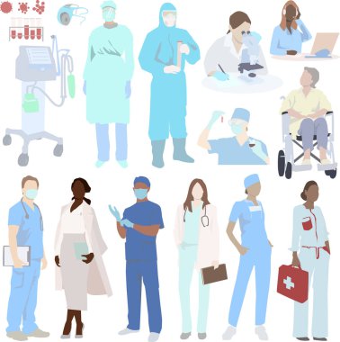 Tıbbi personel - doktorlar, araştırmacılar, hemşireler ve solunum cihazları virüslerle savaşıyor. Çizimler kümesi