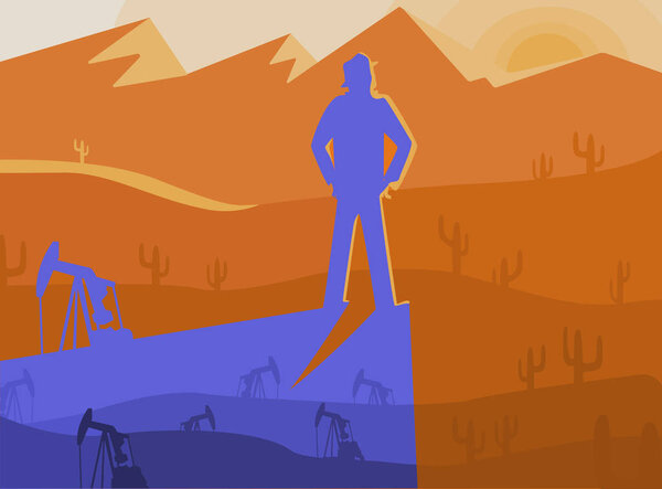 Человек в поисках нефти в пустыне - в его тени смерть всех живых и экологических катастроф
