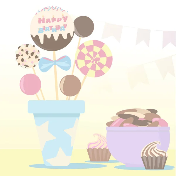 Mesa Aniversário Com Doces Caramelo Chocolate Marshmallows Pops Balas Biscoitos — Vetor de Stock