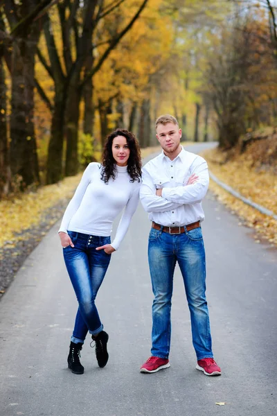 Les Amoureux Marchent Main Dans Main Dans Parc Automne — Photo