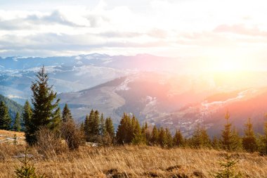 Doğal kış görünümü Karpat dağın zirvesinde.