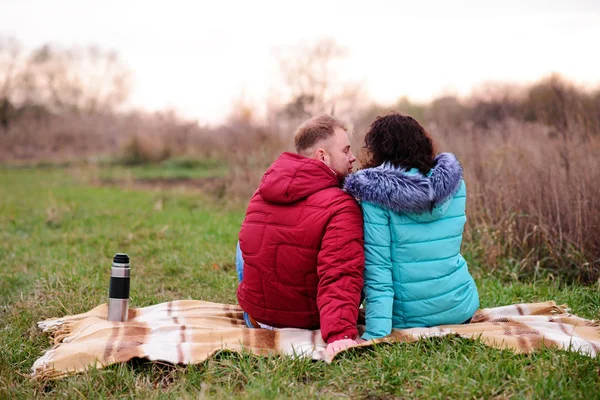 Young Couple Sitting Plaid Drink Coffee Thermos — Stock Photo, Image