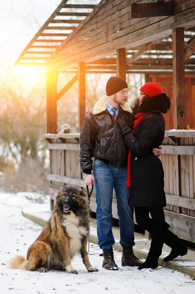 Happy Couple Dogs Winter Forest Lovely Moments Outdoor Holidays — Stock Photo, Image