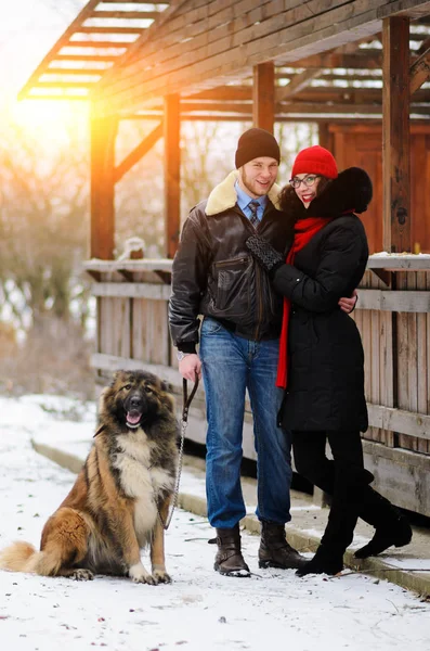 Happy Couple Dogs Winter Forest Lovely Moments Outdoor Holidays — Stock Photo, Image