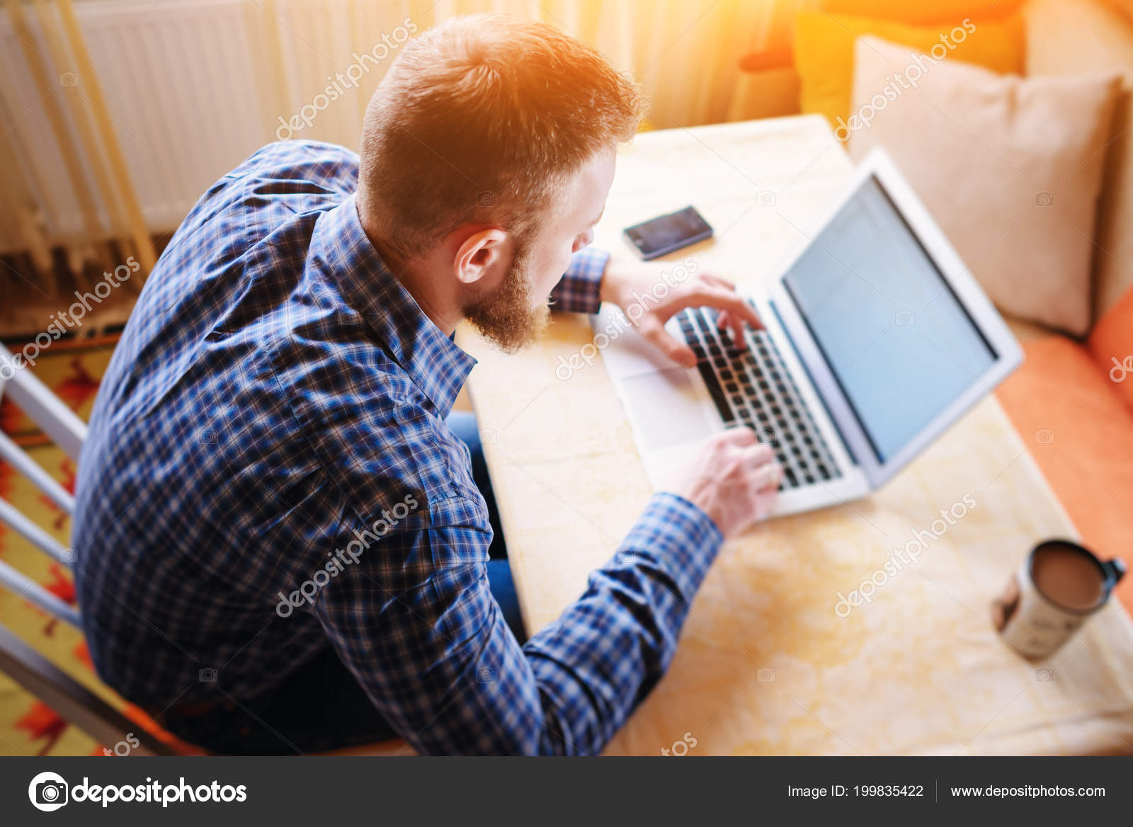 Surfing Net Office Confident Young Man Working Laptop Smiling While Stock Photo Image By C Cezar Ksv