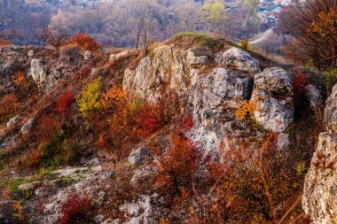 Kayalık Peyzaj Sonbahar sırasında. Güzel peyzaj taş, orman ve sis. Günbatımı çek Milli Parkı içinde. Dumanlı sonbahar manzara akşam. Kaya tepeler ile manzara