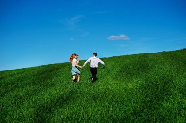 Mutlu aşıklar çayır yeşil çim ve arkasından mavi gökyüzü ile çalışan.