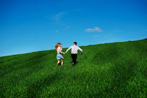 Mutlu aşıklar çayır yeşil çim ve arkasından mavi gökyüzü ile çalışan.