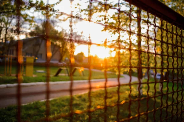 Hek Met Metalen Raster Perspectief Achtergrond — Stockfoto