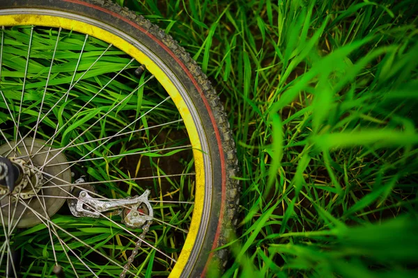 Rueda Trasera Una Bicicleta Acostada Sobre Hierba Verde — Foto de Stock