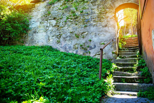 Staircase in the ancient courtyard in a wonderful spring day