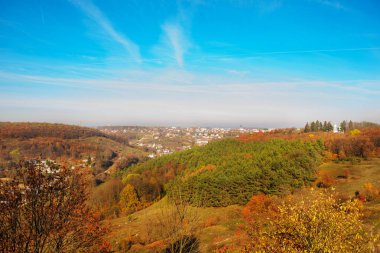 Güzel renkli sonbahar manzara ağaçlar ve kırsal kesimde greenfields hills görüntülemek.