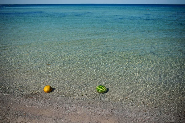 melon and watermelon lies on the beach in the water.