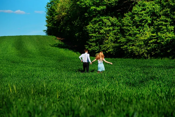 Młodych Kochanków Szczęśliwy Uruchomiona Łące Zieloną Trawą Błękitne Niebo Tyłu — Zdjęcie stockowe