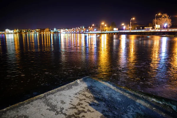 Frozen Lake Background City Night Roads — Stock Photo, Image