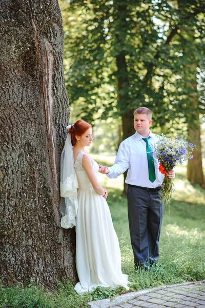 Жених Невеста Держатся Руки Пока Идут Дорожке Парке — стоковое фото