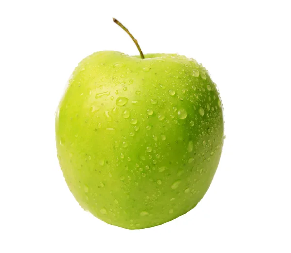 Зелене Апетитне Яблуко Краплями Води Білому Ізольованому Фоні — стокове фото