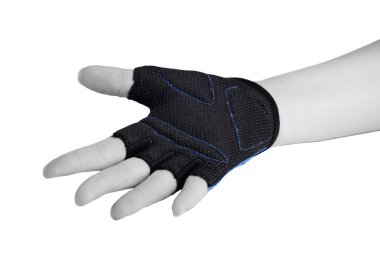 Bisiklet eldiven açık gösteren yardım el beyaz arka plan üzerinde.