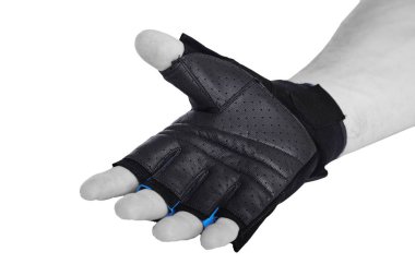 Bisiklet eldiven açık gösteren yardım el beyaz arka plan üzerinde.