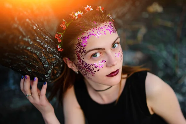 Young Beautiful Woman Violet Shine Her Face Stands Burnt Tree Stock Image