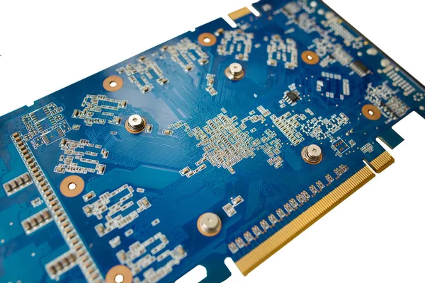 チップと白い背景の上にコンポーネントの分離の青色のマザーボードまたはコンピューター ボード ロイヤリティフリーのストック写真