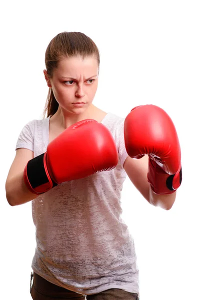 Young Sports Woman Boxer Poses Camera Red Boxing Gloves She — Stock Photo, Image