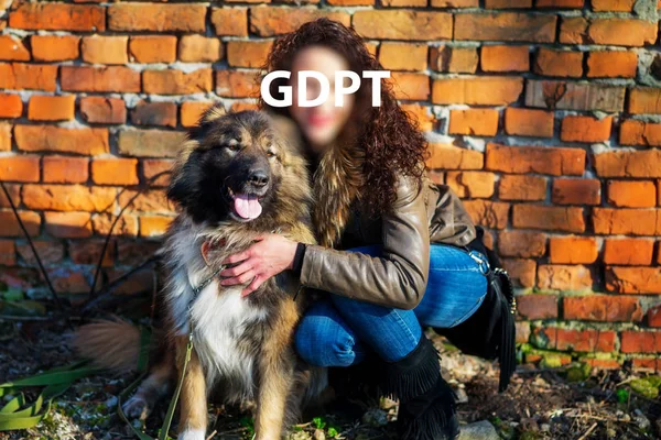 Gdpr Woman Half Seated Hugs Caucasian Shepherd Dog Autumn Background — Stock Photo, Image