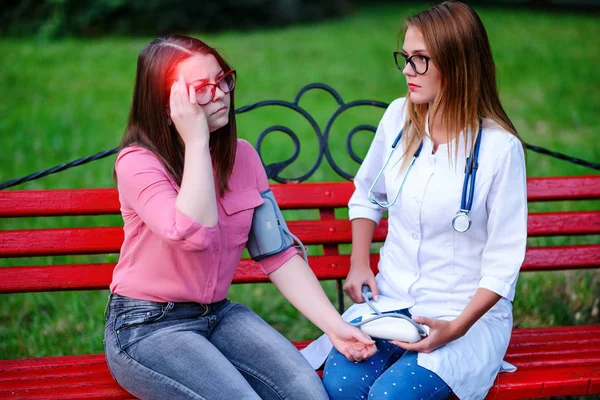 Caring Doctor Nurse Taking Young Patient Outdoors Patient Worried Headache Stock Picture