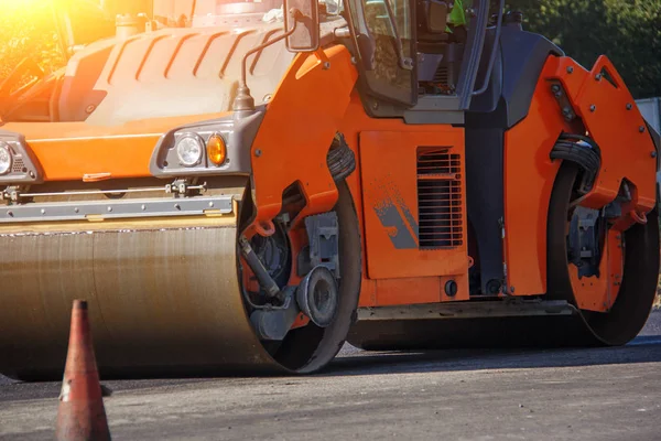 Carrying Out Repair Works Asphalt Roller Stacking Pressing Hot Lay Stock Photo